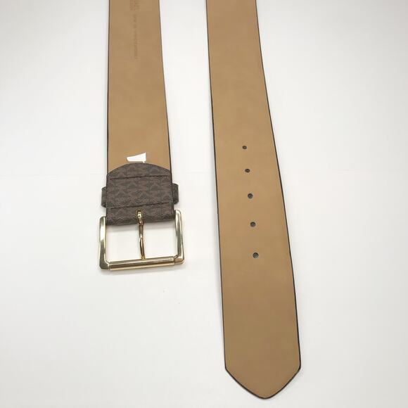 MICHAEL KORS Monogram Brown Gold Square WIDE Elastic Stretch Belt Canvas Med LG